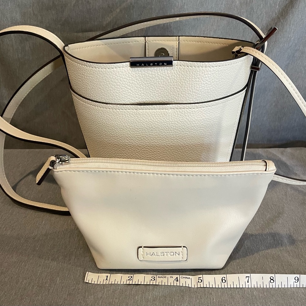 Halston White Textured Leather Bucket Style Handbag Gently Used No Visible Wear